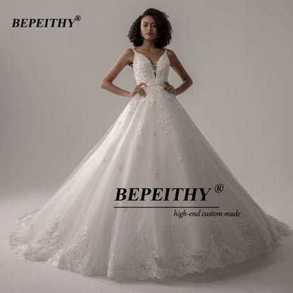 BEPEITHY Robe de mariée à col en V pour femme, dos nu, bretelles spaghetti en organza, robe de mariée en dentelle pour mariée, nouveauté 2022