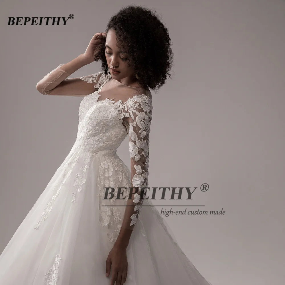 BEPEITHY Vintage Lace Wedding Dresses For Women 2023 Full Sleeves Princess Bridal Gowns Elegant Court Train Scoop Bride Dress