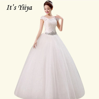 It's YiiYa New Long Flare Sleeve Wedding Dresses Simple O-neck Back Lace Up Wedding Gown HS283