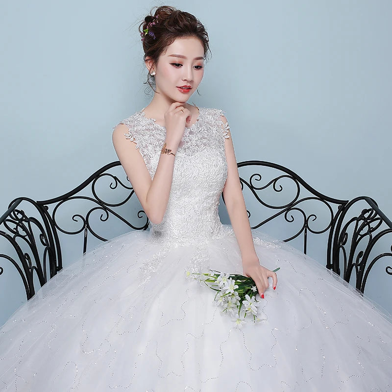 Wedding Dresses Illusion O-Neck Sleeveless Embroidery Sequined Tulle Lace Backless Luxury Vintage White Women Bridal Gown FB670