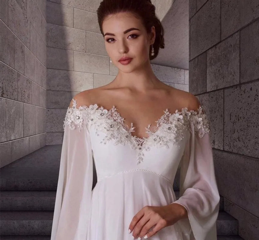 Maternity Chiffon Wedding Dresses 2024 Long Sleeves Bohemian Pregnant Bridal Gowns Sweep Train Elegant Simple Robe De Mariage