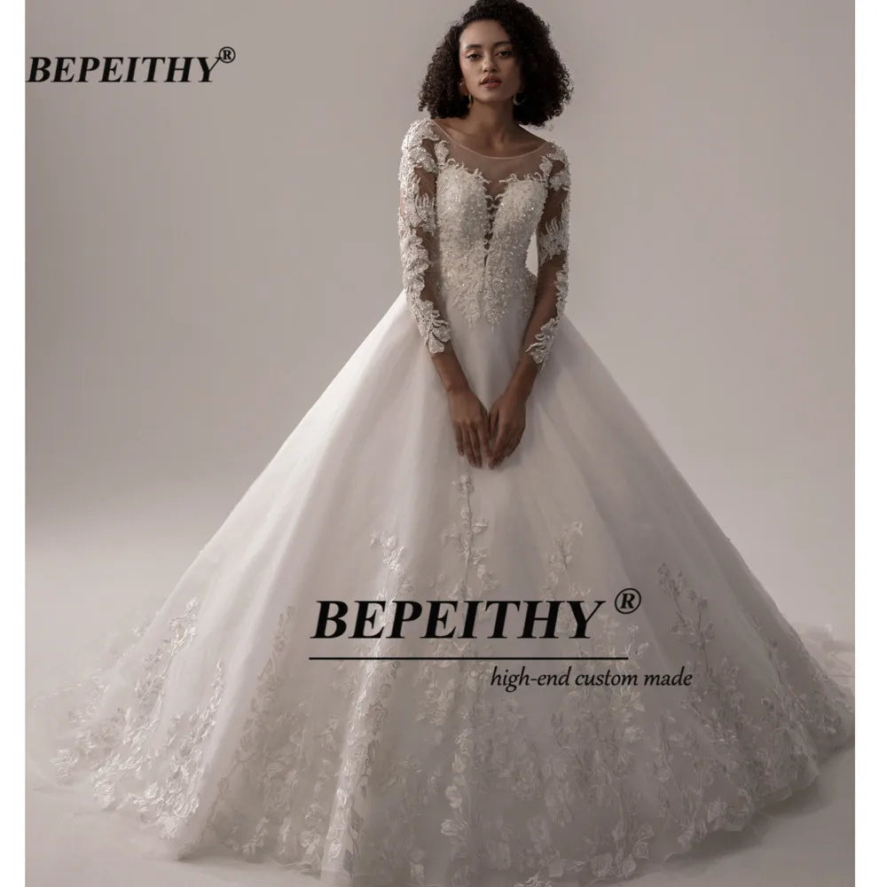 BEPEITHY Lace Wedding Dress 2022 Ball Gown Bridal Scoop Glittler Princess Ivory Long Sleeves Wedding Dresses For Bride New