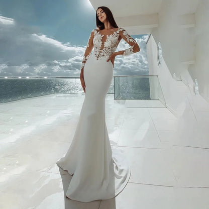 Robe de mariée sirène à manches longues, blanche, sexy, col illusion, appliques en dentelle, robe de mariée élégante, robes de plage