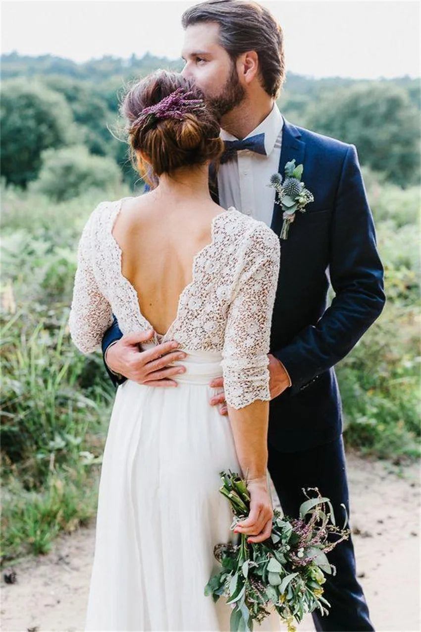 Robe de mariée bohème en mousseline de soie 2024, haut en dentelle profonde, col en V, manches 3/4, dos nu, plage, robes de mariée pour femmes