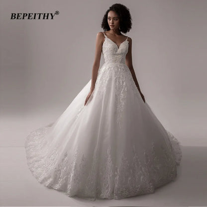 BEPEITHY Sexy Dos Nu Dentelle Corsage Robes De Mariée Pour Femmes Sans Manches Perles Mariée Ivoire Blanc Robe De Mariée 2023 Col En V