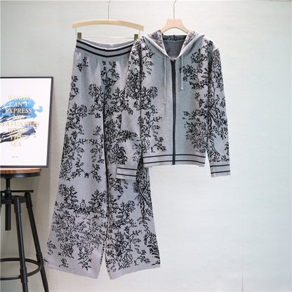 Spring Autumn Classic Fashionable Knitted Women Hooded Sweater Wide Leg Pants Two Piece Set