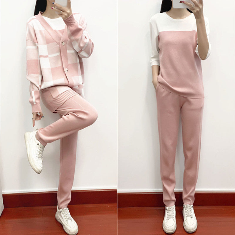 Autumn Winter Three Piece Suit Women Western Youthful Looking Casual Fashionable Knitted Coat Sweater Three Piece Set