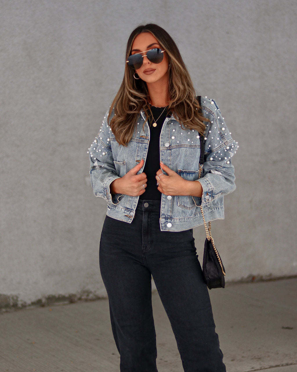 Veste ample en jean pour femme avec perles de l'industrie lourde