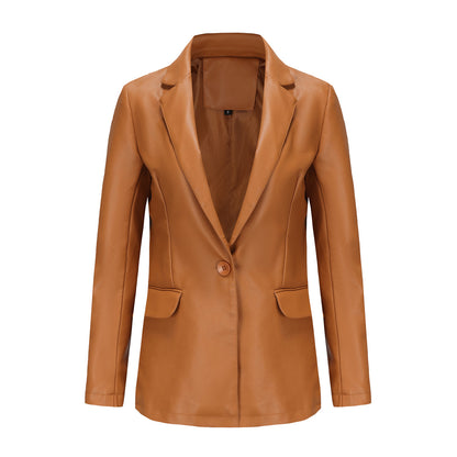 Small Long Sleeved Coat Women Single Button Office Casual Solid Color Leather Coat