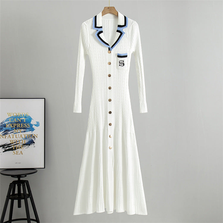 Robe de printemps élégante à manches longues et col polo brodé classique français pour femme