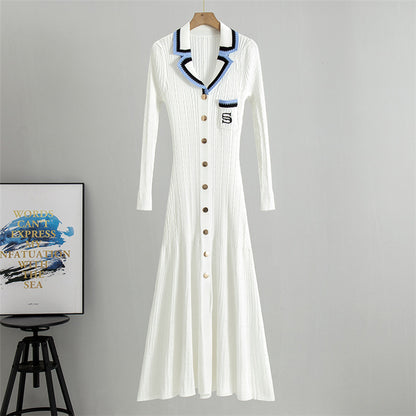 French Classic Embroidered Polo Collar Long Sleeved Knitted Dress Waist Slimming Elegant Spring Dress for Women