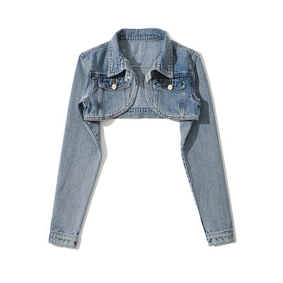 Sexy Ultra Short Denim Jacket Women High Waist Shawl Niche Retro Biker All Matching