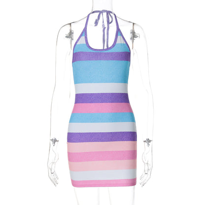 Women Clothing Summer Stripes Printed Sexy Halter Backless Dress