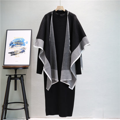 Autumn Winter Classic Socialite Color Matching Loose Cape Shawl Fashionable Knitted Skirt Set Women