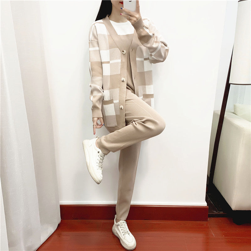 Autumn Winter Three Piece Suit Women Western Youthful Looking Casual Fashionable Knitted Coat Sweater Three Piece Set