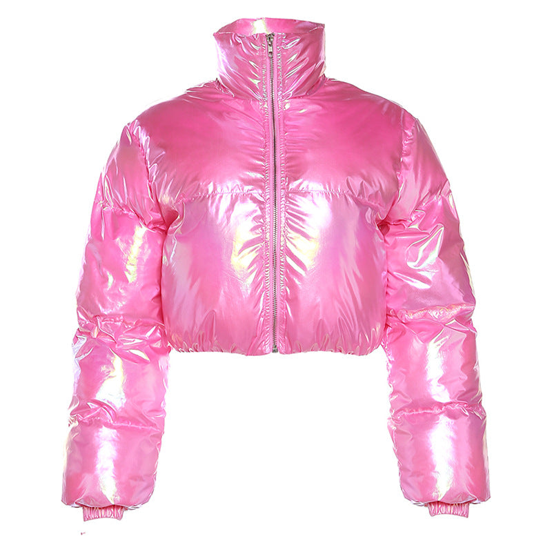 Chaqueta corta holgada de algodón con cuello alto y tejido revestido metálico para mujer, ropa sexy e informal para otoño