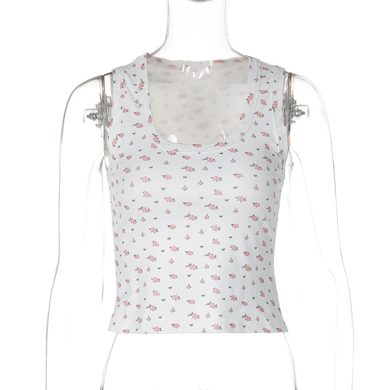 T-shirt d'été sans manches à col en U pour femme, gilet ajusté à motif floral