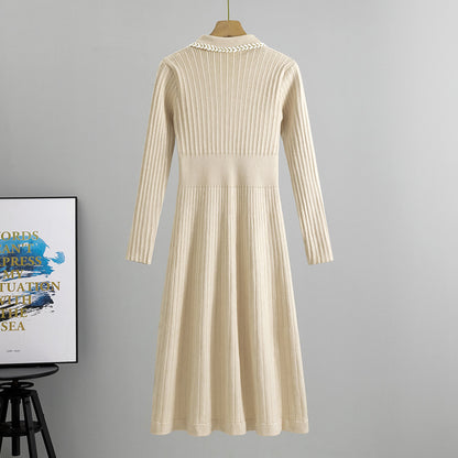 Robe mi-longue en tricot classique à col français de haute qualité pour femme, robe amincissante élégante pour printemps et automne