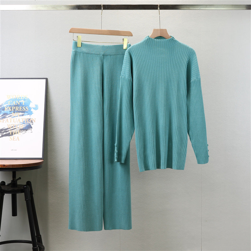 Spring Autumn Casual Solid Color Loose Sweater Wide Leg Pants Trousers Knitted Two Piece Pant Sets