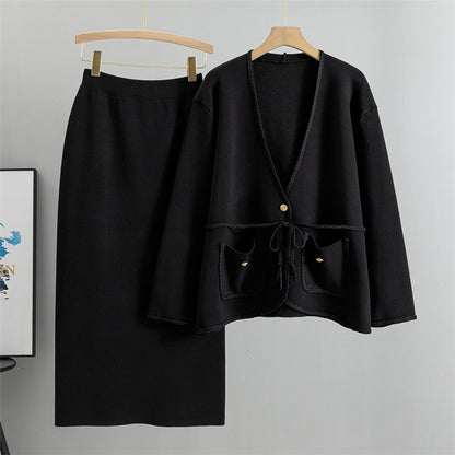 Special Interest Design Wool Two Piece Skirt Knitted Sweater Woven Belt Chanel Coat Hip Skirt Set Women