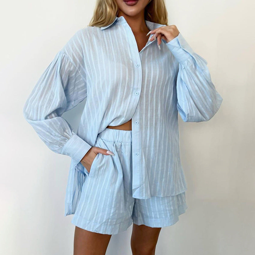 Summer Women Clothing Shirt Jacquard Striped Puff Sleeve Shorts Office Design Casual Set