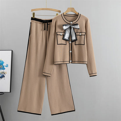 Women Autumn Elegant Knitted Cardigan Western Wide Leg Pants Two Piece Set