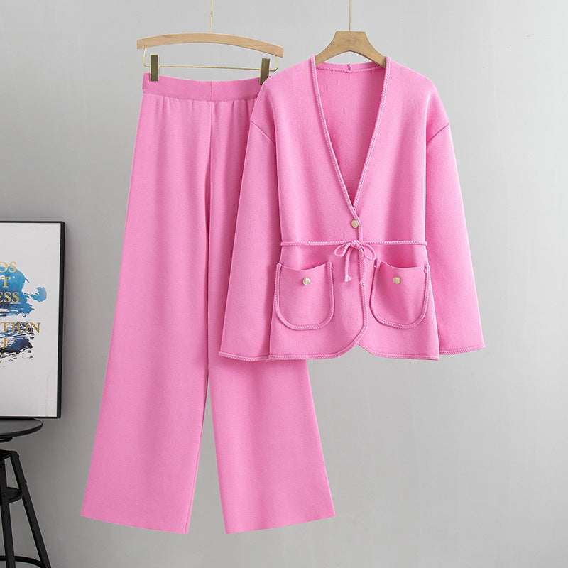 V Neck Knitted Two Piece Loose Cardigan Sweater Graceful Wide Leg Pants Two Piece Suit