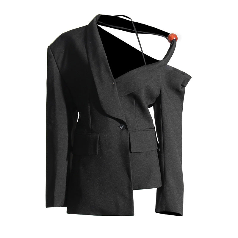 Blazer asymétrique pour femme, ample, décontracté, coréen, bureau, à lacets, taille contrôlée, blazer pour femme