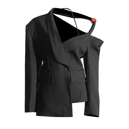 Blazer de un solo hombro para mujer, holgado, informal, estilo coreano, con cordones y cintura controlada para oficina