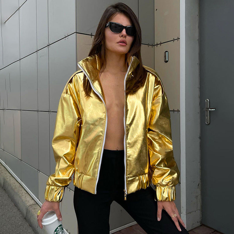 Metallic Coated Fabric Women Clothing Autumn Winter Solid Color Casual Polo Collar Long Sleeve Zipper Pocket Glossy Coat Top