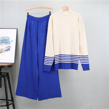 Autumn Winter Fashionable Loose Sweater Wide Leg Trousers Striped Two Piece Sweater Women