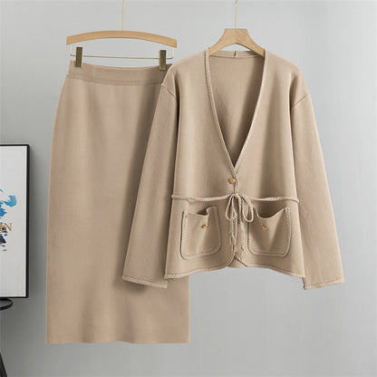 Special Interest Design Wool Two Piece Skirt Knitted Sweater Woven Belt Chanel Coat Hip Skirt Set Women