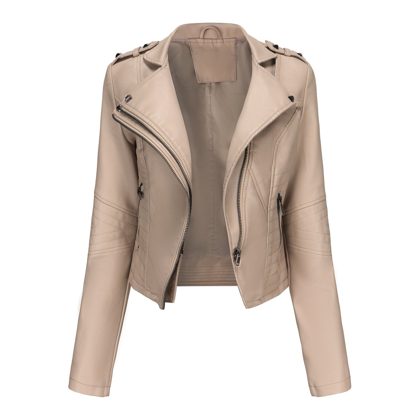 Veste en cuir Slim Fit à manches longues pour femme, veste courte populaire à rivets, veste en cuir à fermeture éclair