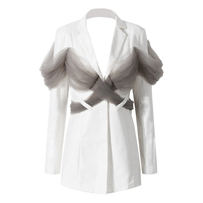 Blazer blanc de minorité française pour femme, couleur contrastée, coupe slim, maille à pois, dos nu, en organza