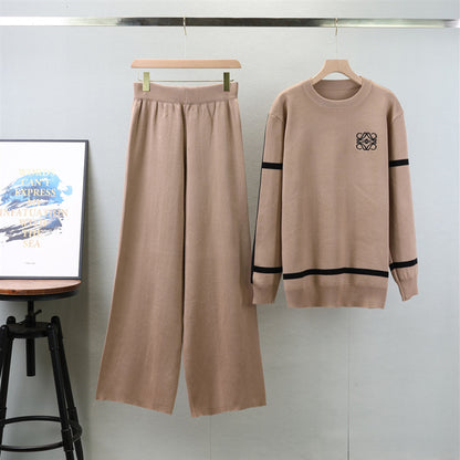 Autumn Winter Embroidery Idle Loose Mid Length Knitting Suit Women Wide Leg Pants Two Piece Set