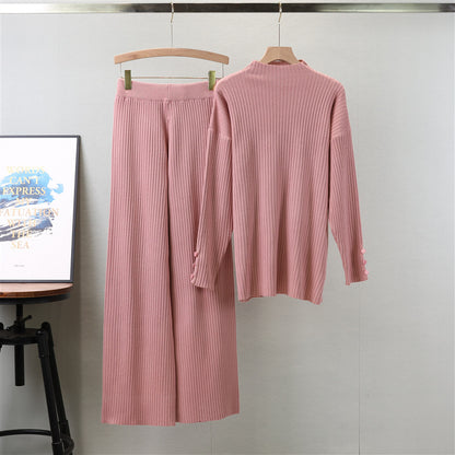 Spring Autumn Casual Solid Color Loose Sweater Wide Leg Pants Trousers Knitted Two Piece Pant Sets