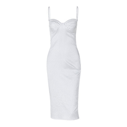 Robe mi-longue moulante sexy à bretelles pour femme, robe fourreau imprimée à pois d'été