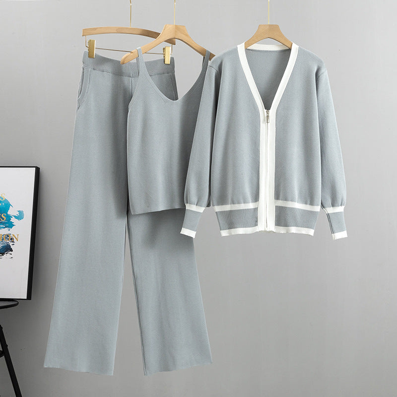 Spring Autumn Women Clothing Suit Tide Knitted Cardigan Sling Wide Leg Pants Three Piece Suit Suit