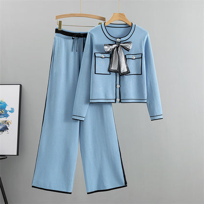 Women Autumn Elegant Knitted Cardigan Western Wide Leg Pants Two Piece Set