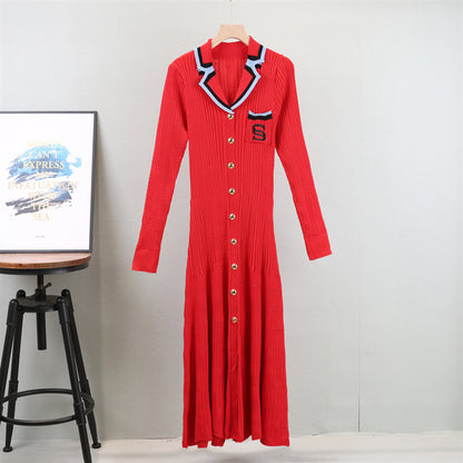 Robe de printemps élégante à manches longues et col polo brodé classique français pour femme