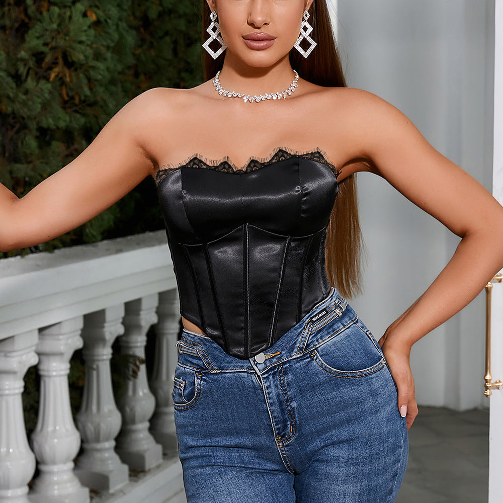 Sexy Tube Top Vest Popular Satin Lace Boning Corset Bra Backless Sleeveless Vest