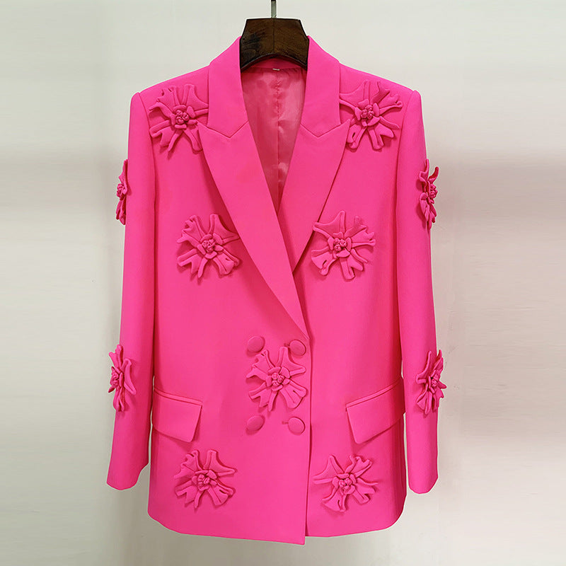 Double Breasted Heavy Industry Three-Dimensional Floral Decorative 3D Rose Blazer