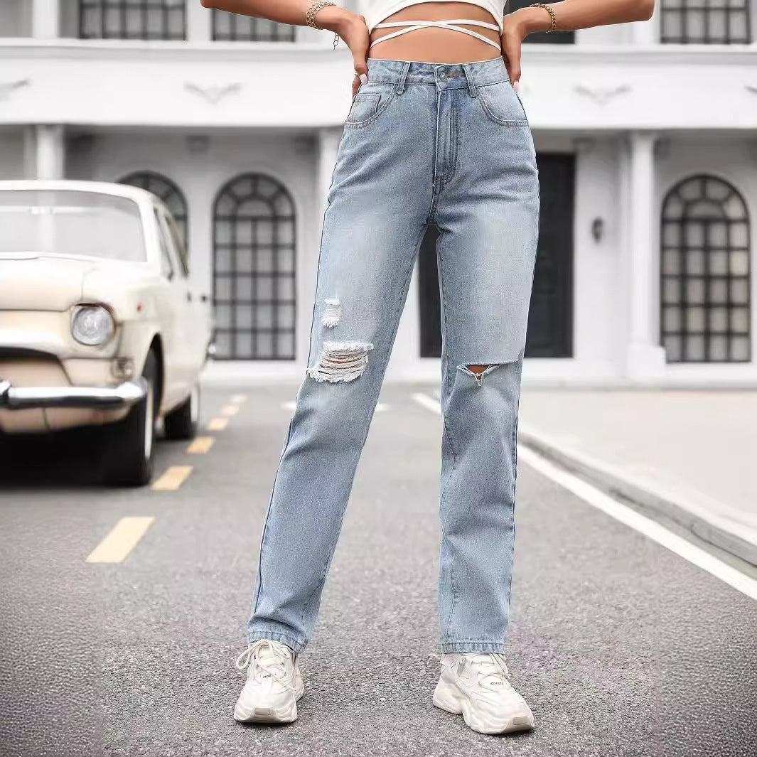 Women Clothing Straight Loose High Waist Denim Trousers