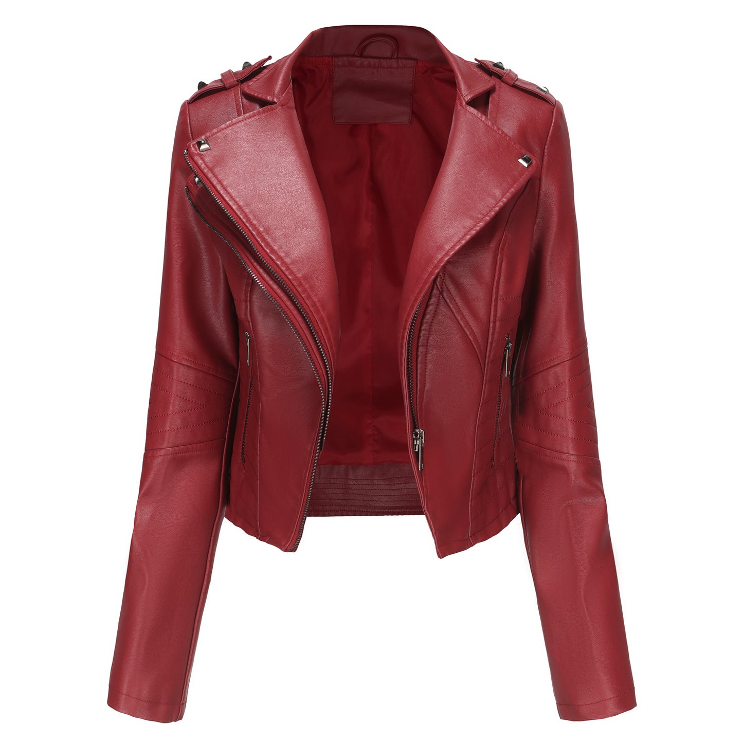 Veste en cuir Slim Fit à manches longues pour femme, veste courte populaire à rivets, veste en cuir à fermeture éclair