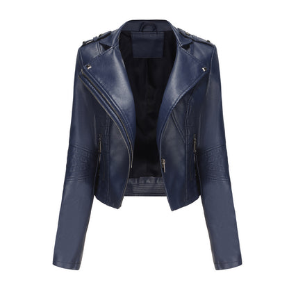 Slim Fit Long Sleeved Spring Autumn Leather Jacket Women Rivet Popular Short Jacket Zipper Leather Jacket