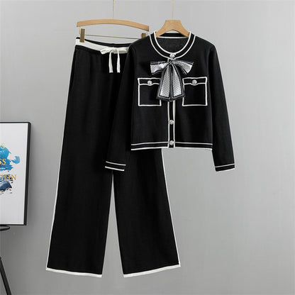 Women Autumn Elegant Knitted Cardigan Western Wide Leg Pants Two Piece Set