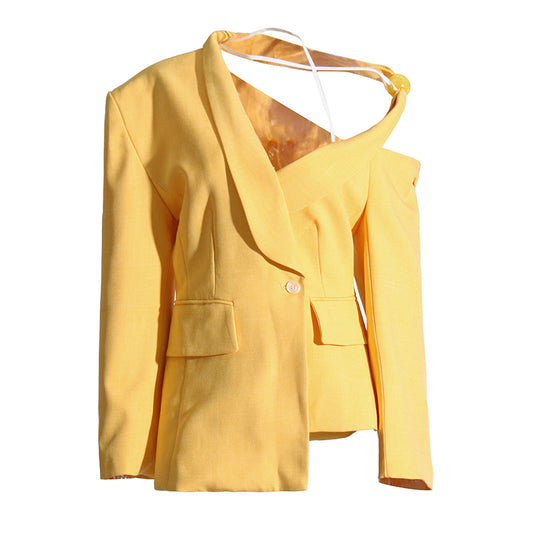 Blazer de un solo hombro para mujer, holgado, informal, estilo coreano, con cordones y cintura controlada para oficina