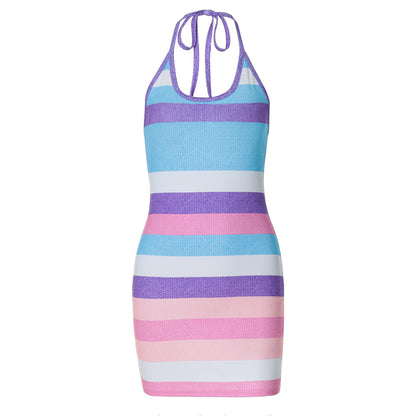 Vestido sexy con cuello halter y espalda descubierta con estampado de rayas de verano para mujer