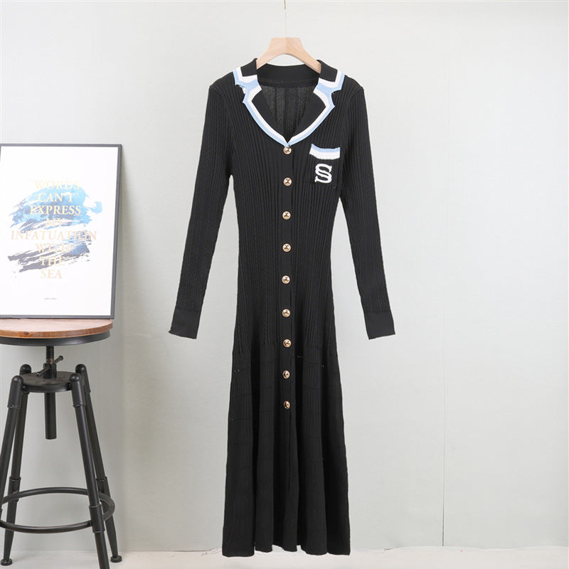 French Classic Embroidered Polo Collar Long Sleeved Knitted Dress Waist Slimming Elegant Spring Dress for Women