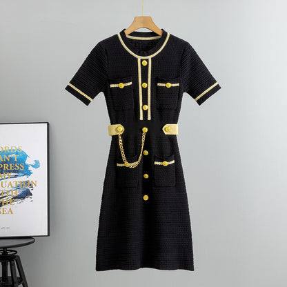 Classic Knitted Dress Summer Women Wear Short Sleeve Waist Controlled Slimming A Line Dress